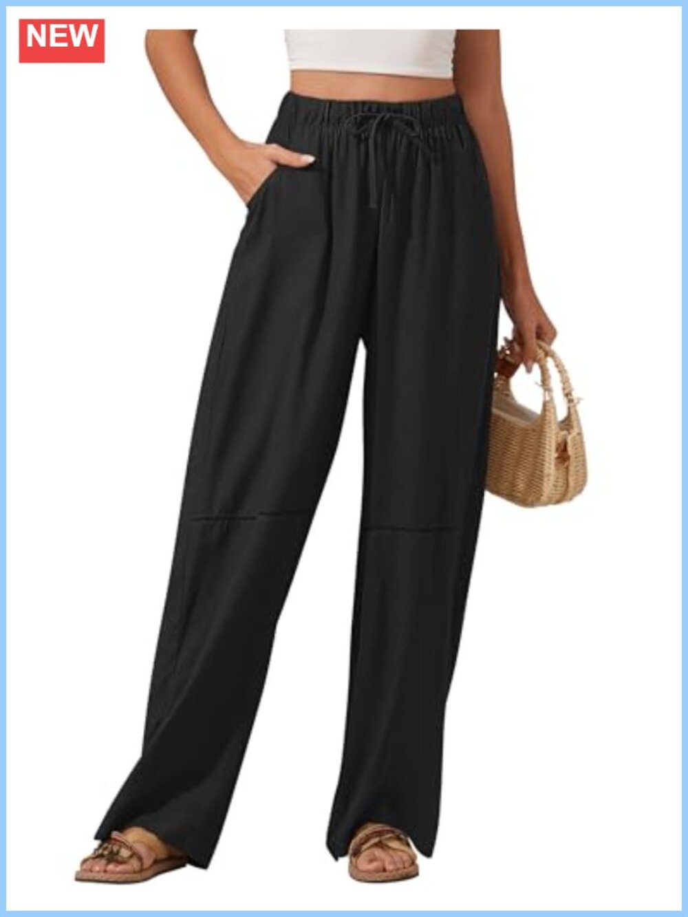 Wide Leg Linen Palazzo Pants High Waisted Flowy Summer Beach Trousers with